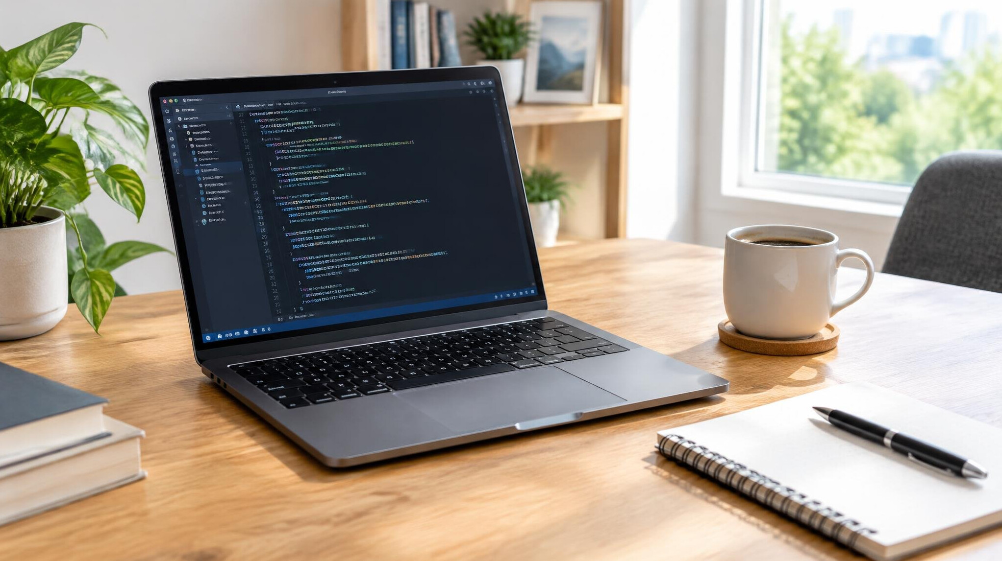 Laptop with source code on a wooden desk